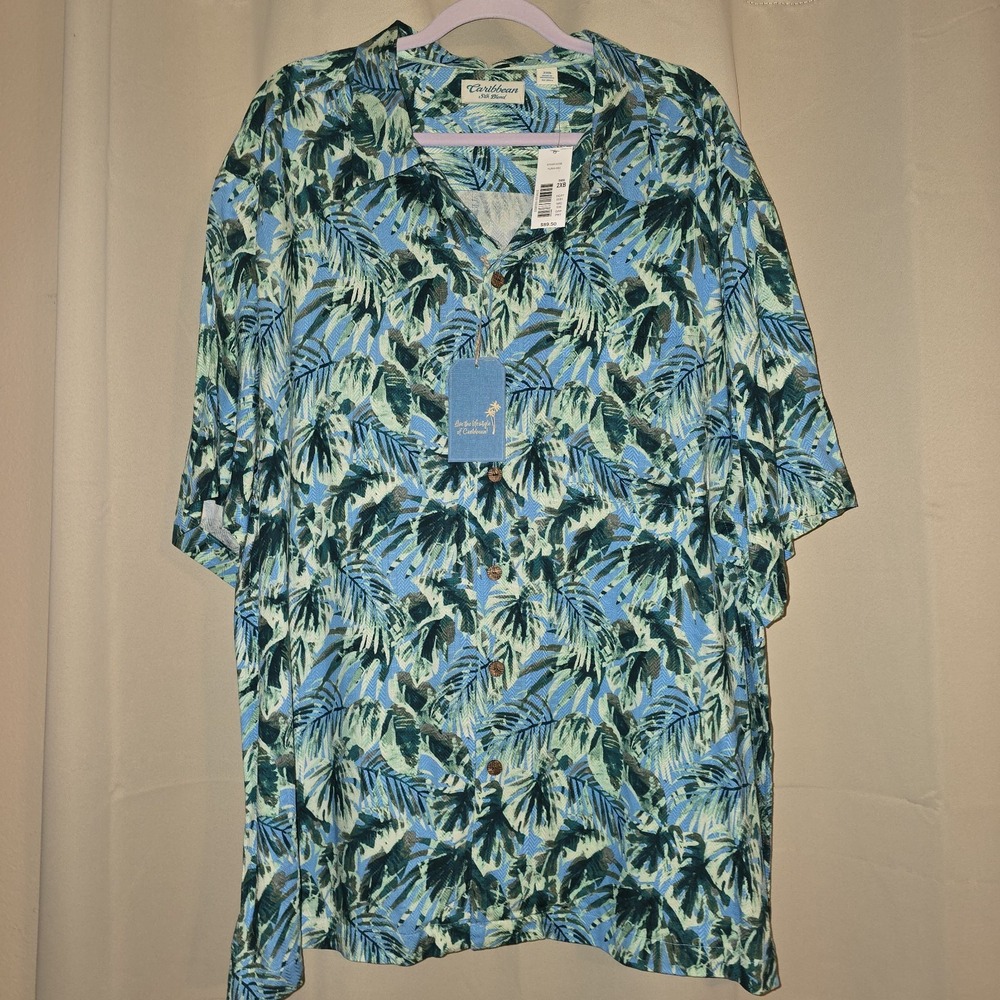 Caribbean‎ Men Shirt Top 2XB Silk Button Down Short Sleeve Hawaiian Green NWT